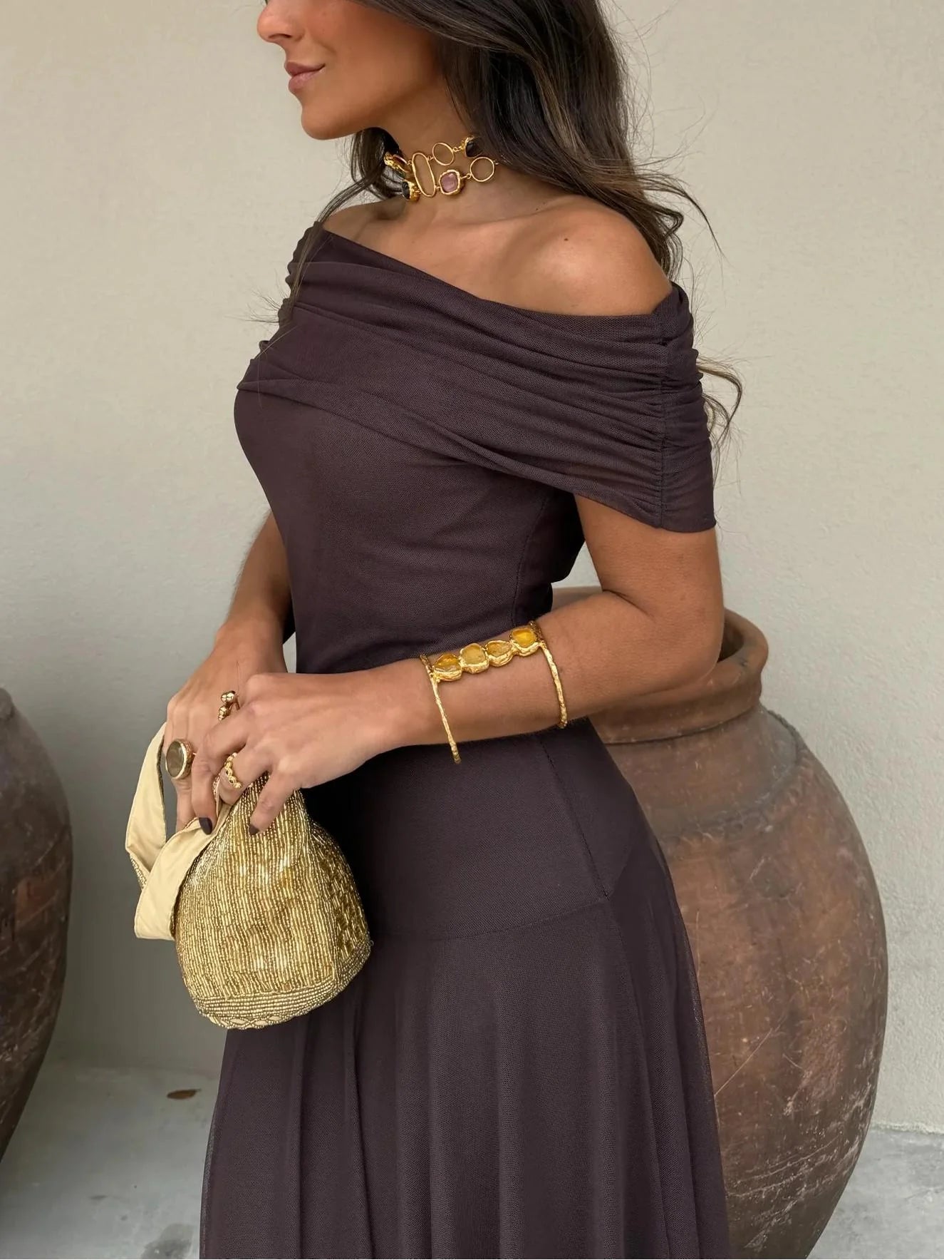 Vestido largo off-shoulder