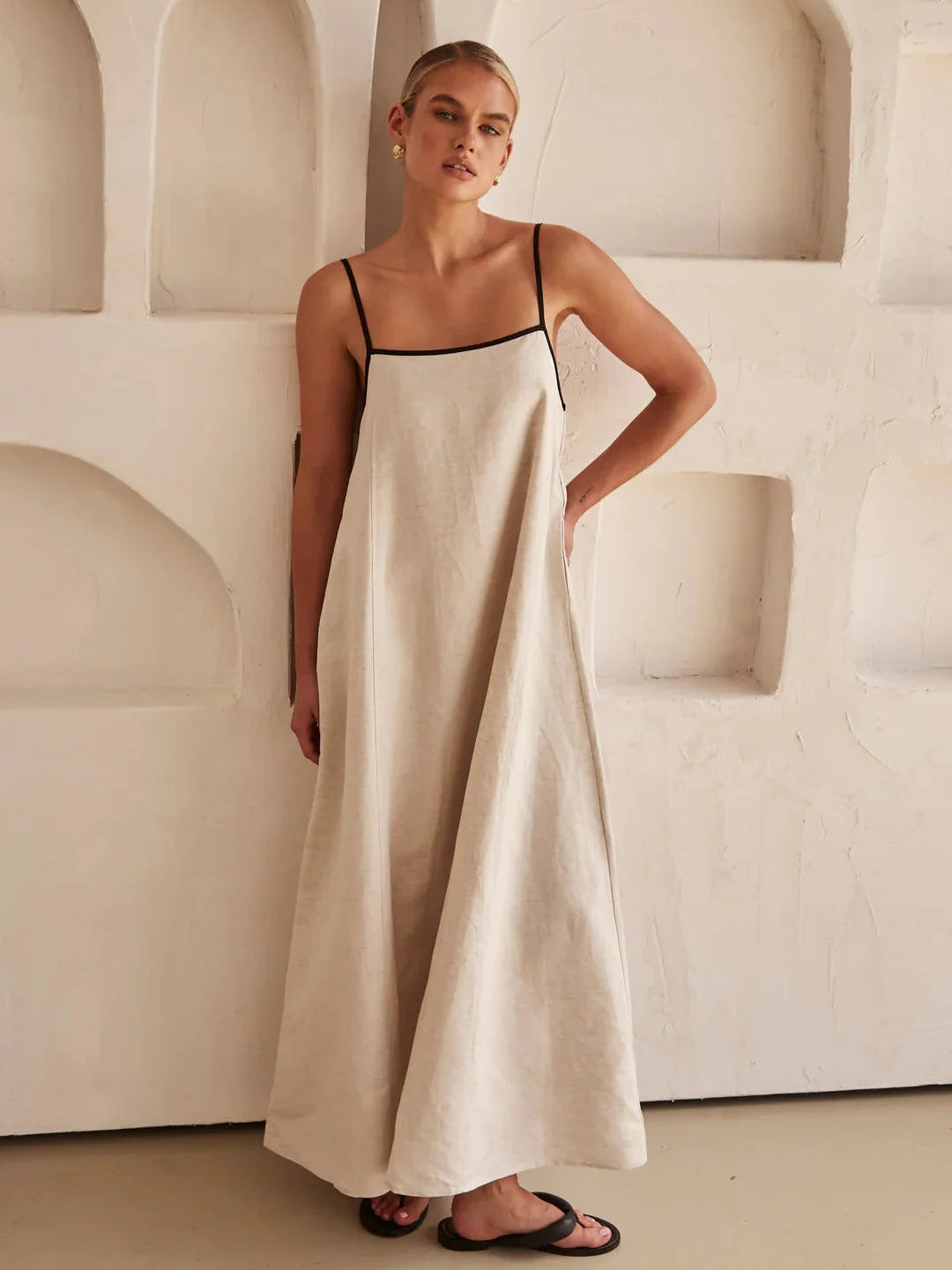 Vestido largo de lino en contraste