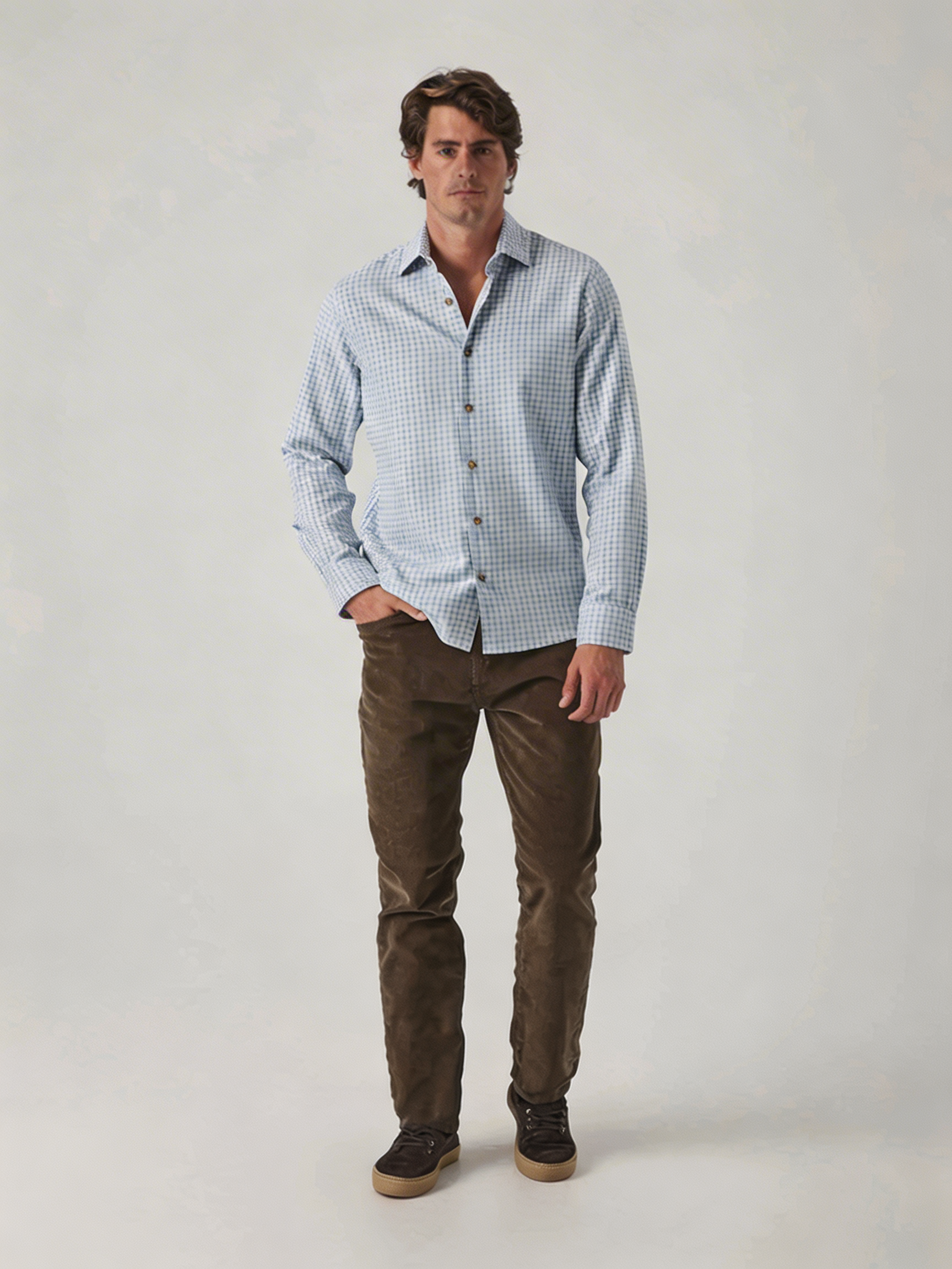 Camisa Bordada a Cuadros Azul Celeste