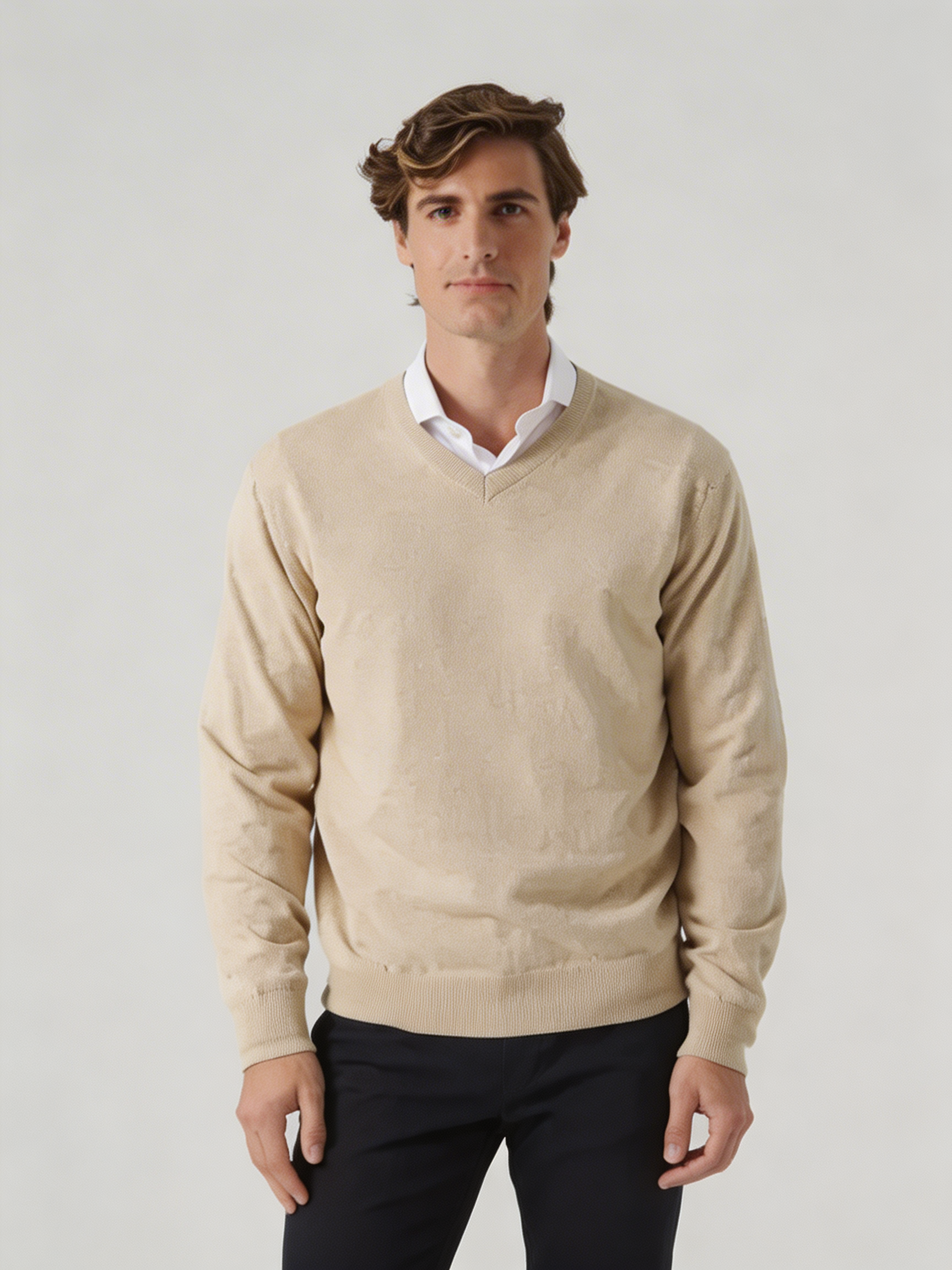 Jersey clásico de algodón beige con cuello en V