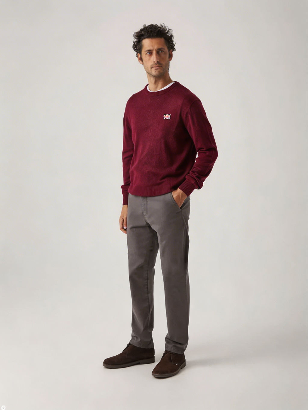 Jersey de cuello redondo de merino en burdeos