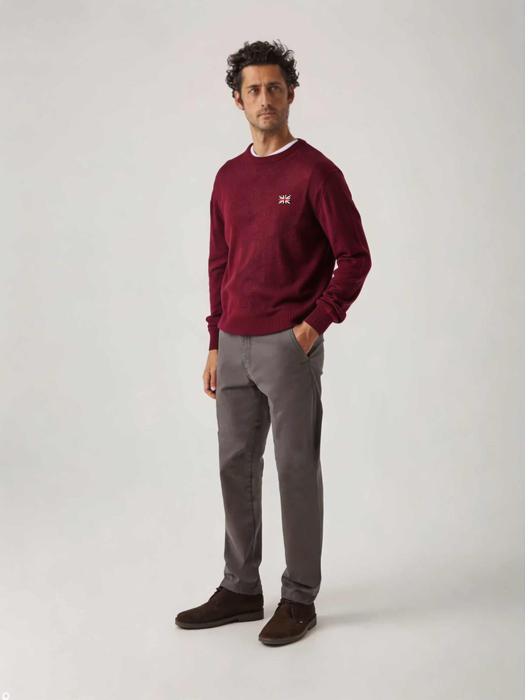 Jersey de cuello redondo de merino en burdeos