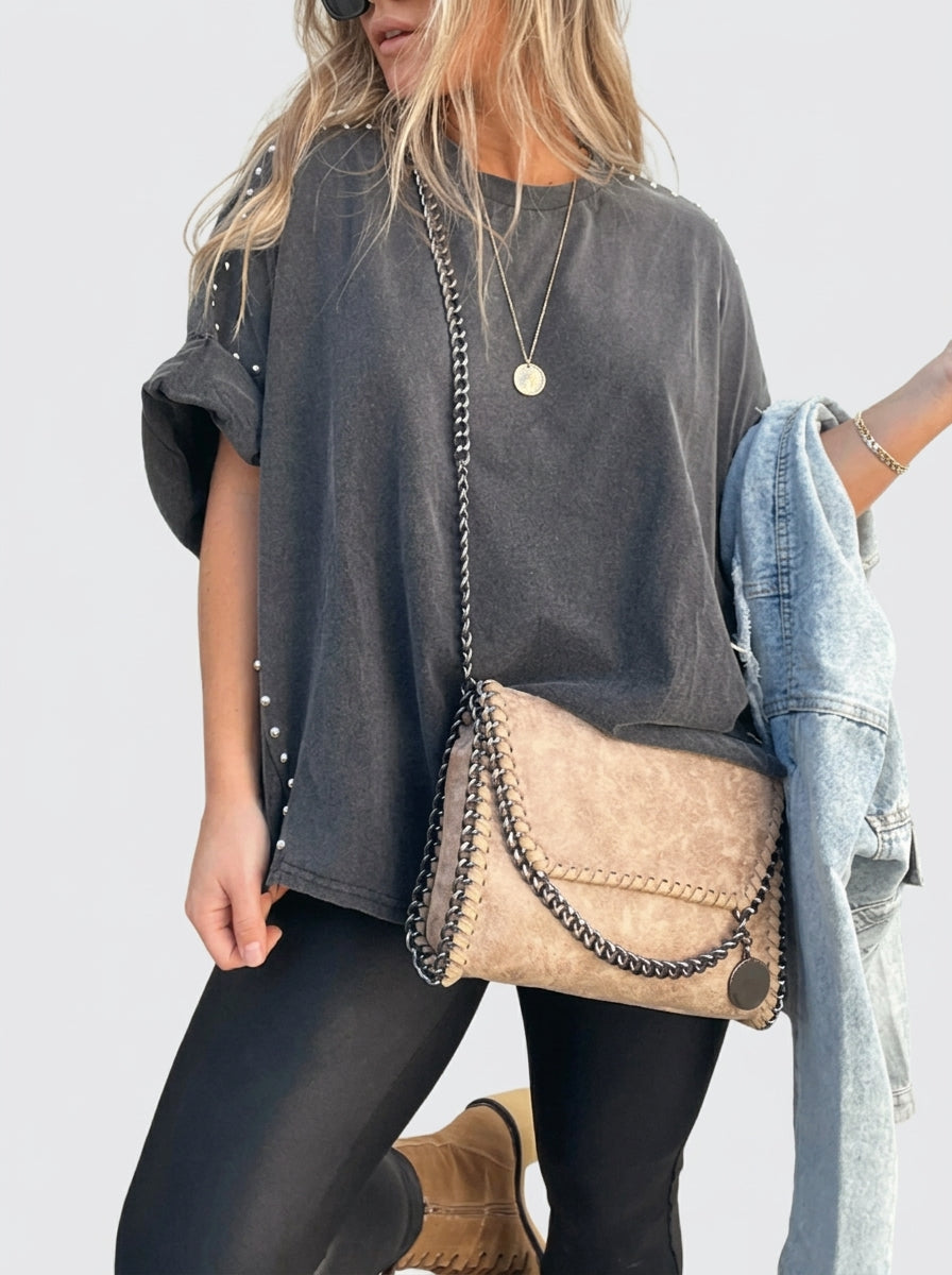 Camiseta Oversize con Tachuelas y de Manga enrollada