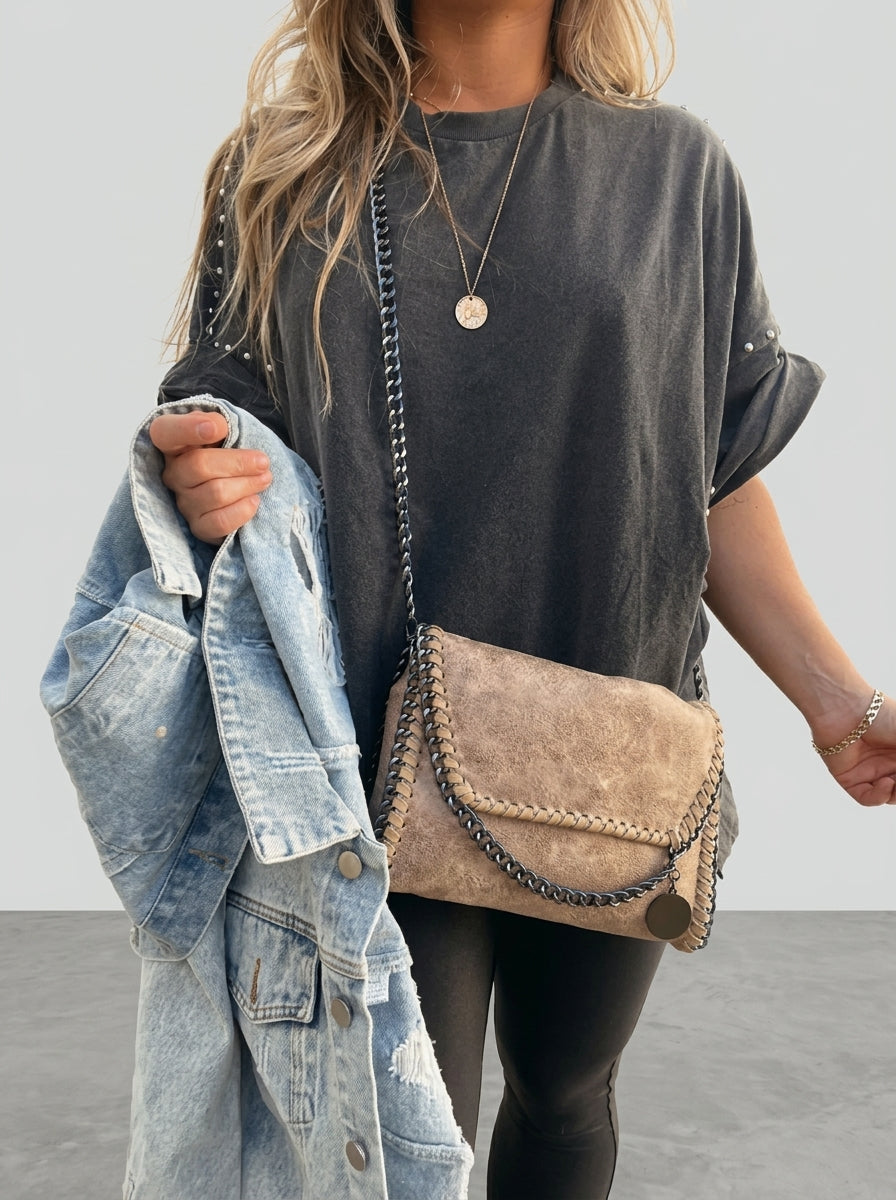 Camiseta Oversize con Tachuelas y de Manga enrollada