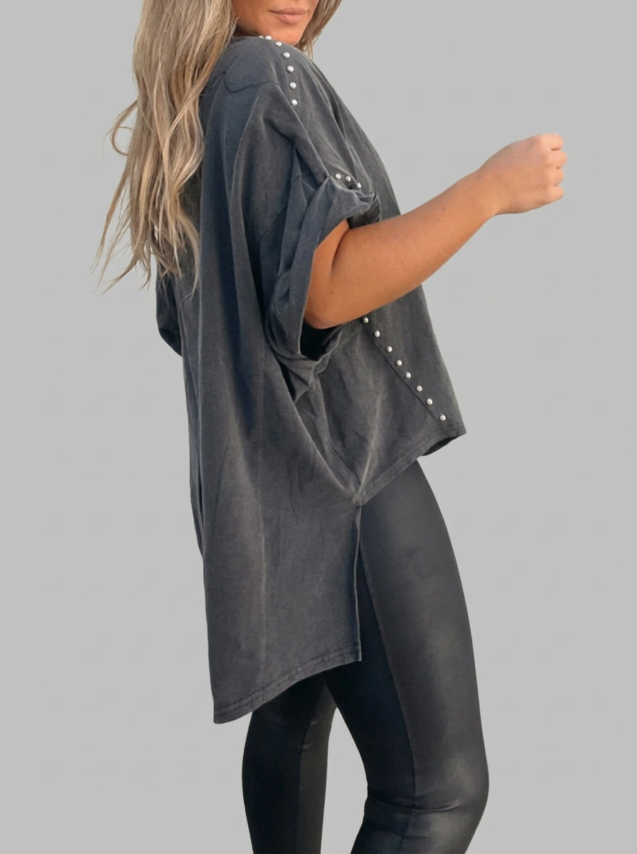 Camiseta Oversize con Tachuelas y de Manga enrollada