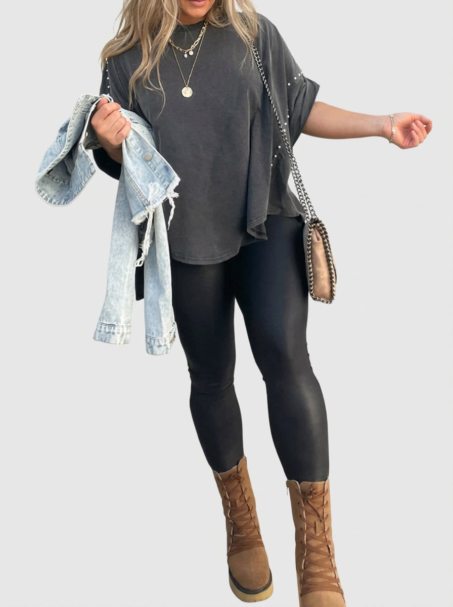 Camiseta Oversize con Tachuelas y de Manga enrollada